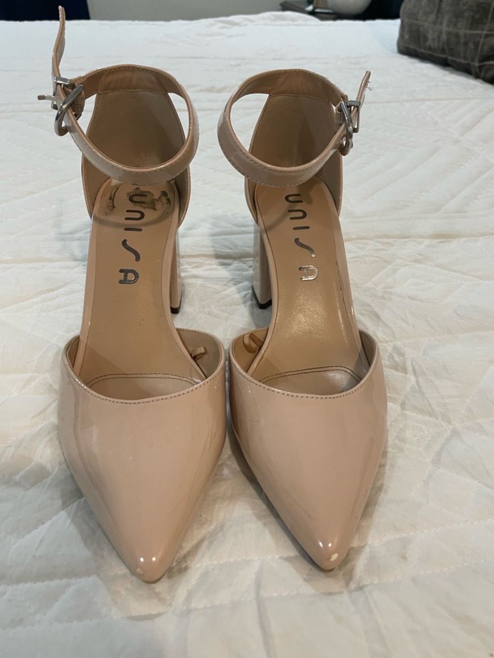 Women's Nude Patent Block Heel Pumps with Ankle Strap - Picture 2 of 6